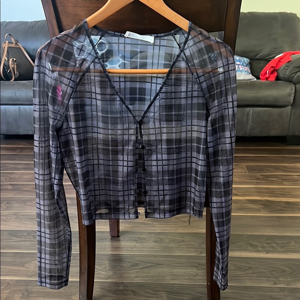 Elodie Gray Black Long Sleeve Crop Tie Front Blouse